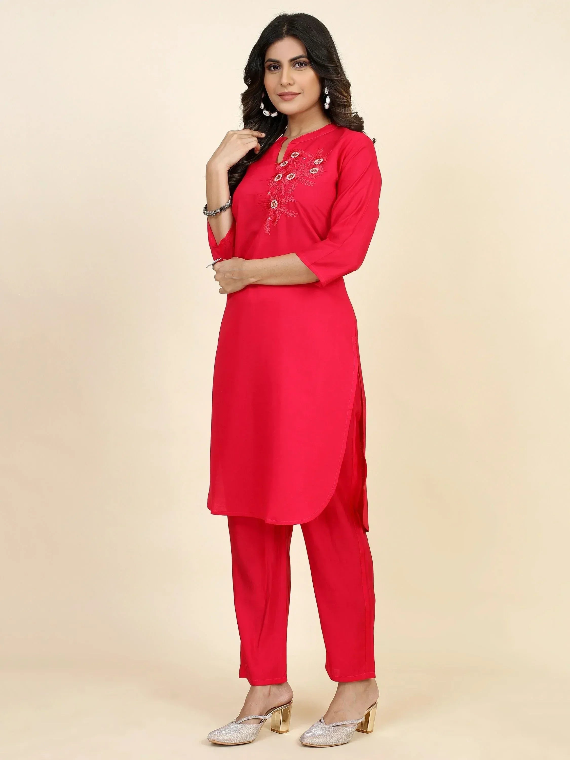 Red embroidered kurta with matching pants, Indian ethnic wear for women