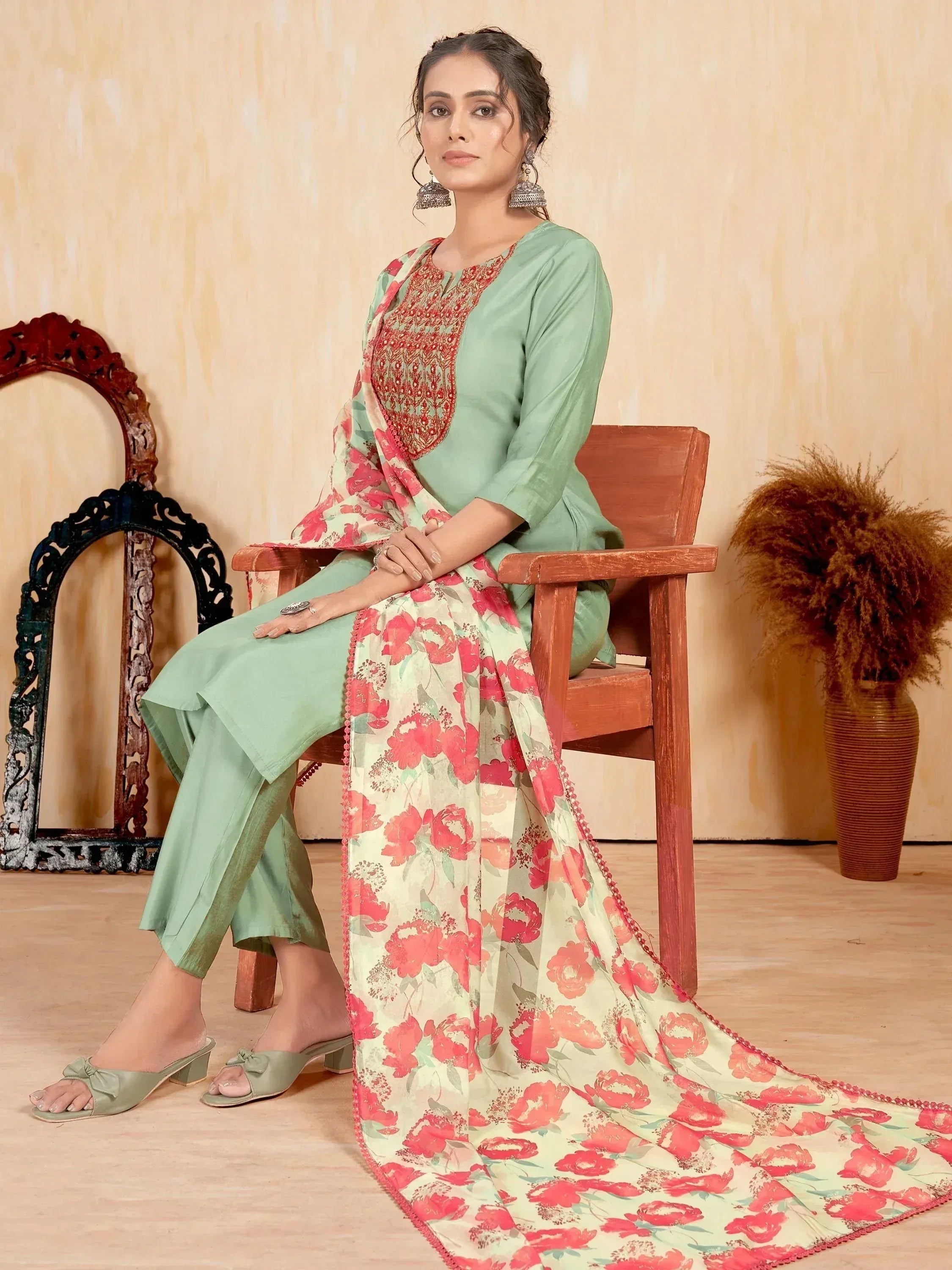 Mint green salwar kameez with red floral dupatta, ethnic wear for women