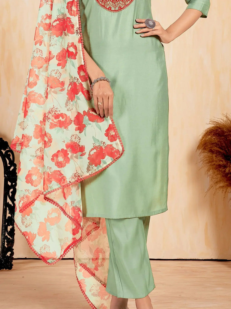 Spectacular Sage Green Embroidered Silk Function Wear Pant Suit
