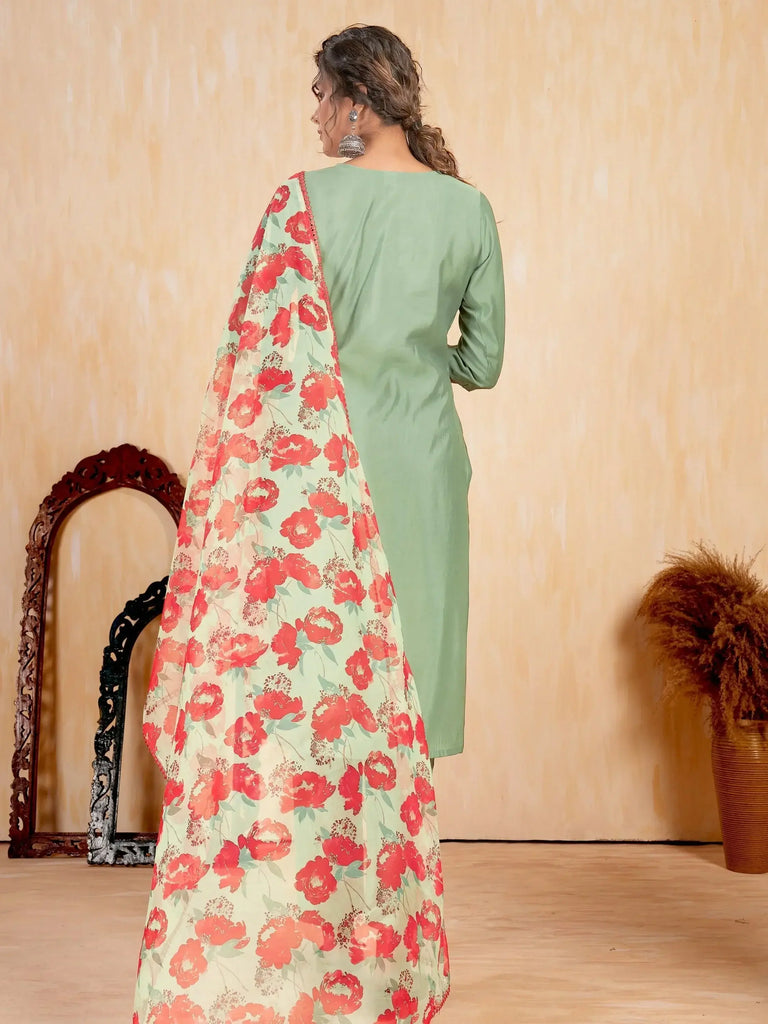 Spectacular Sage Green Embroidered Silk Function Wear Pant Suit