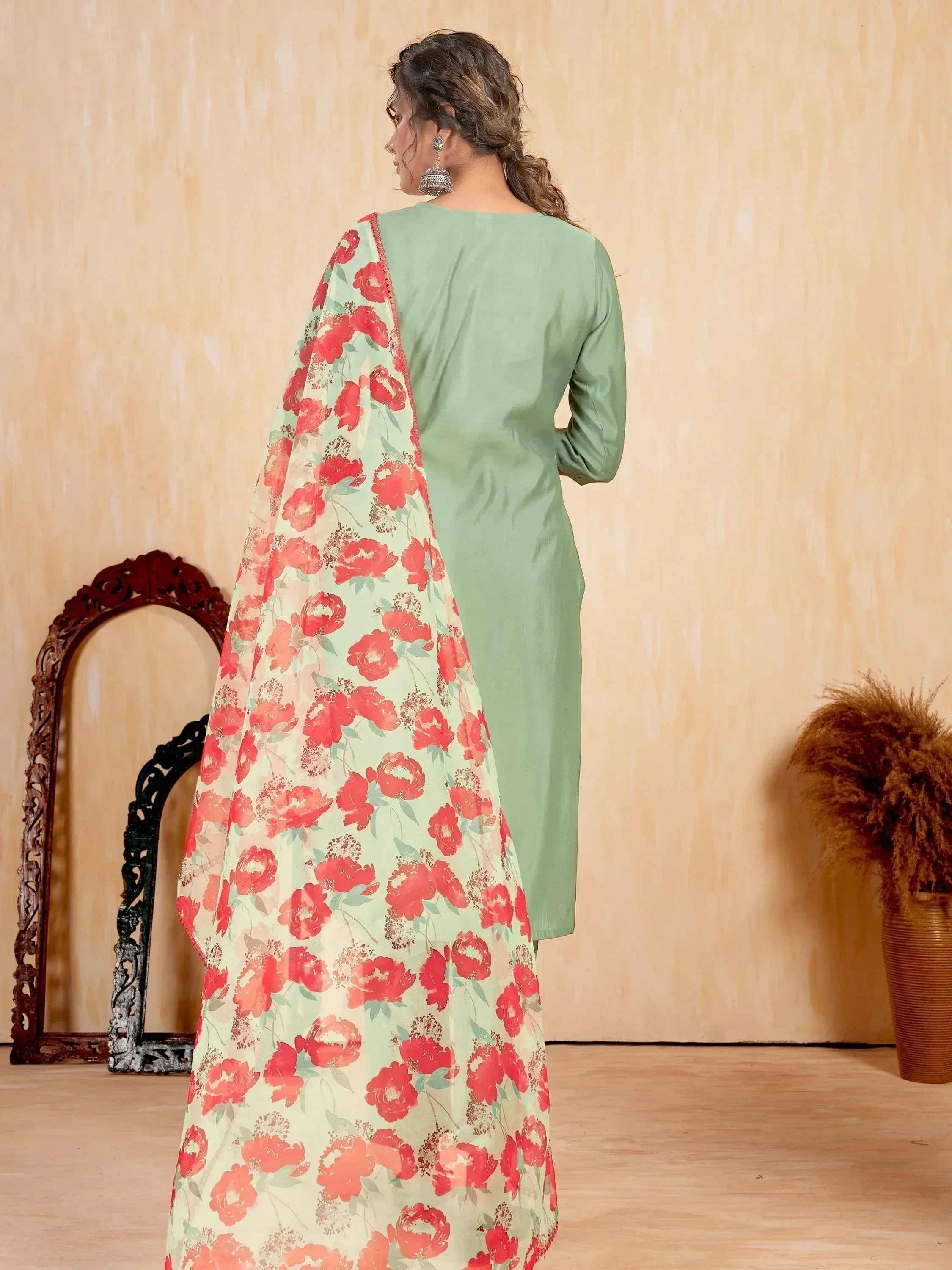 Green salwar kameez with red floral dupatta, ethnic Indian wear for women