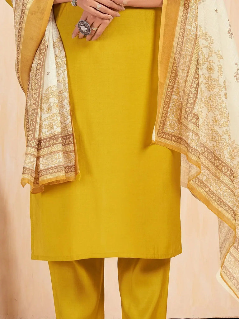 Astonishing Yellow Embroidered Silk Haldi Wear Pant Suit With Dupatta