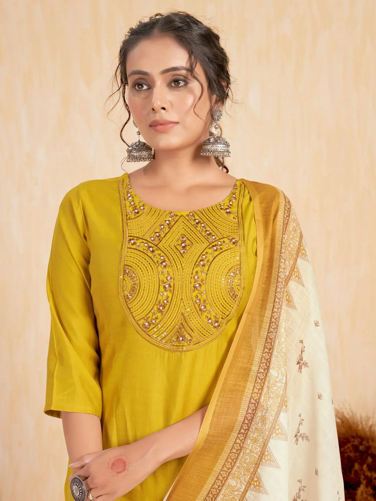 Astonishing Yellow Embroidered Silk Haldi Wear Pant Suit With Dupatta