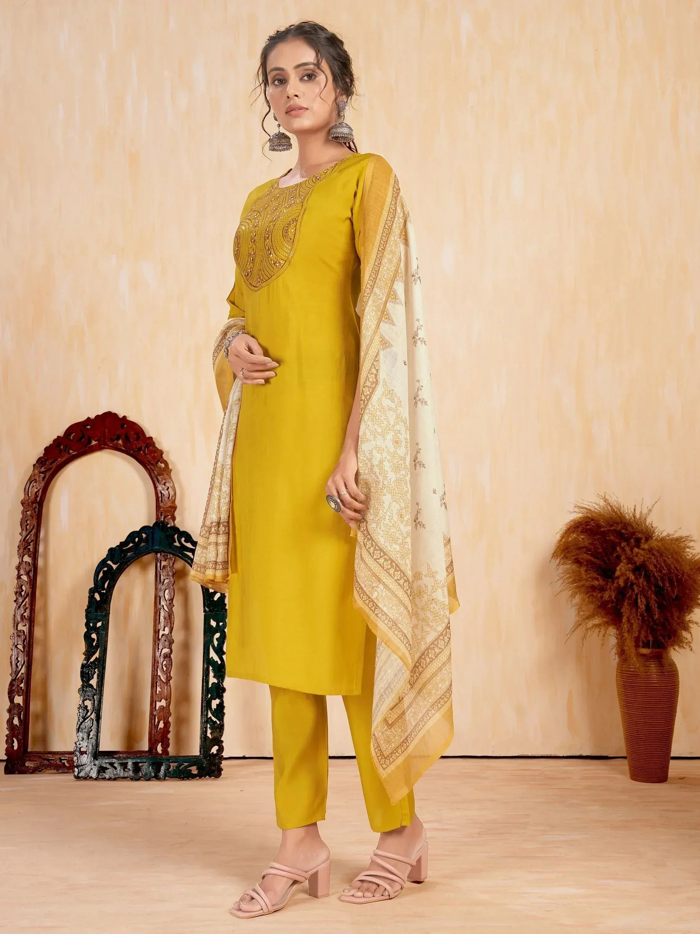 Yellow embroidered salwar kameez with printed dupatta, ethnic Indian wear for women