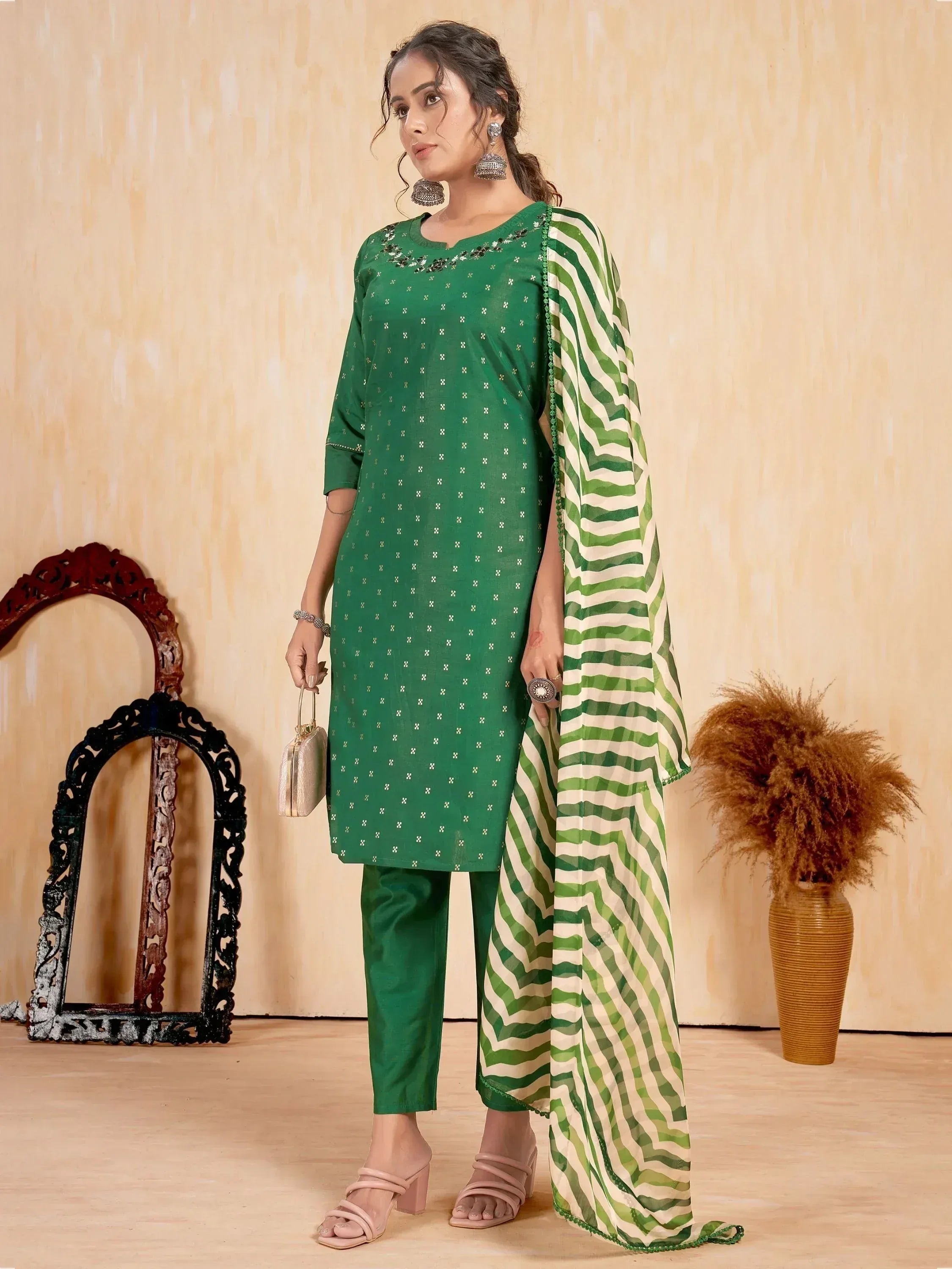 Green ethnic salwar kameez with striped dupatta, perfect for Indian wear
