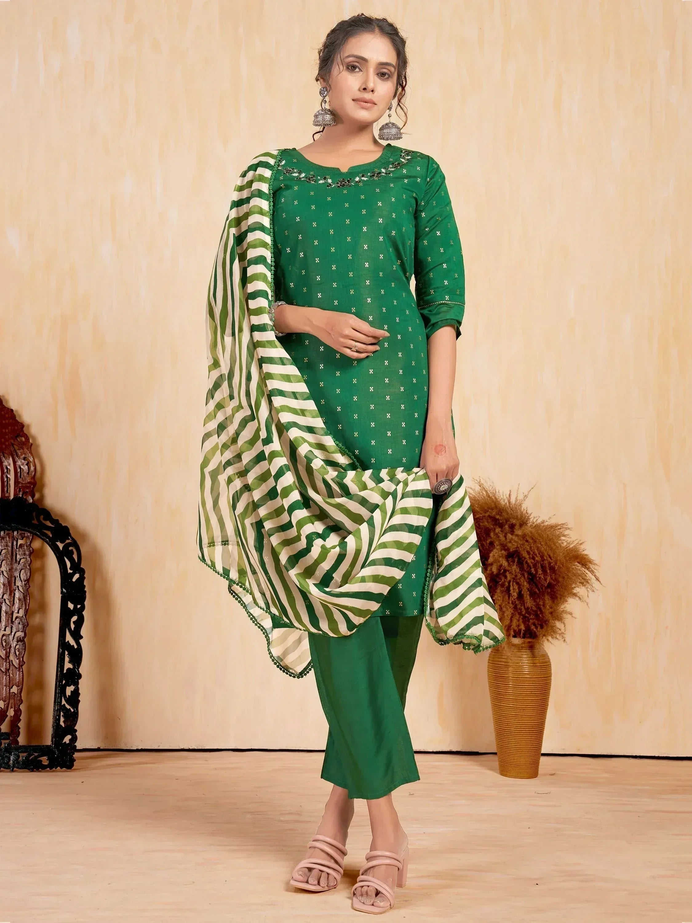 Green ethnic salwar kameez with striped dupatta, perfect for Indian wear