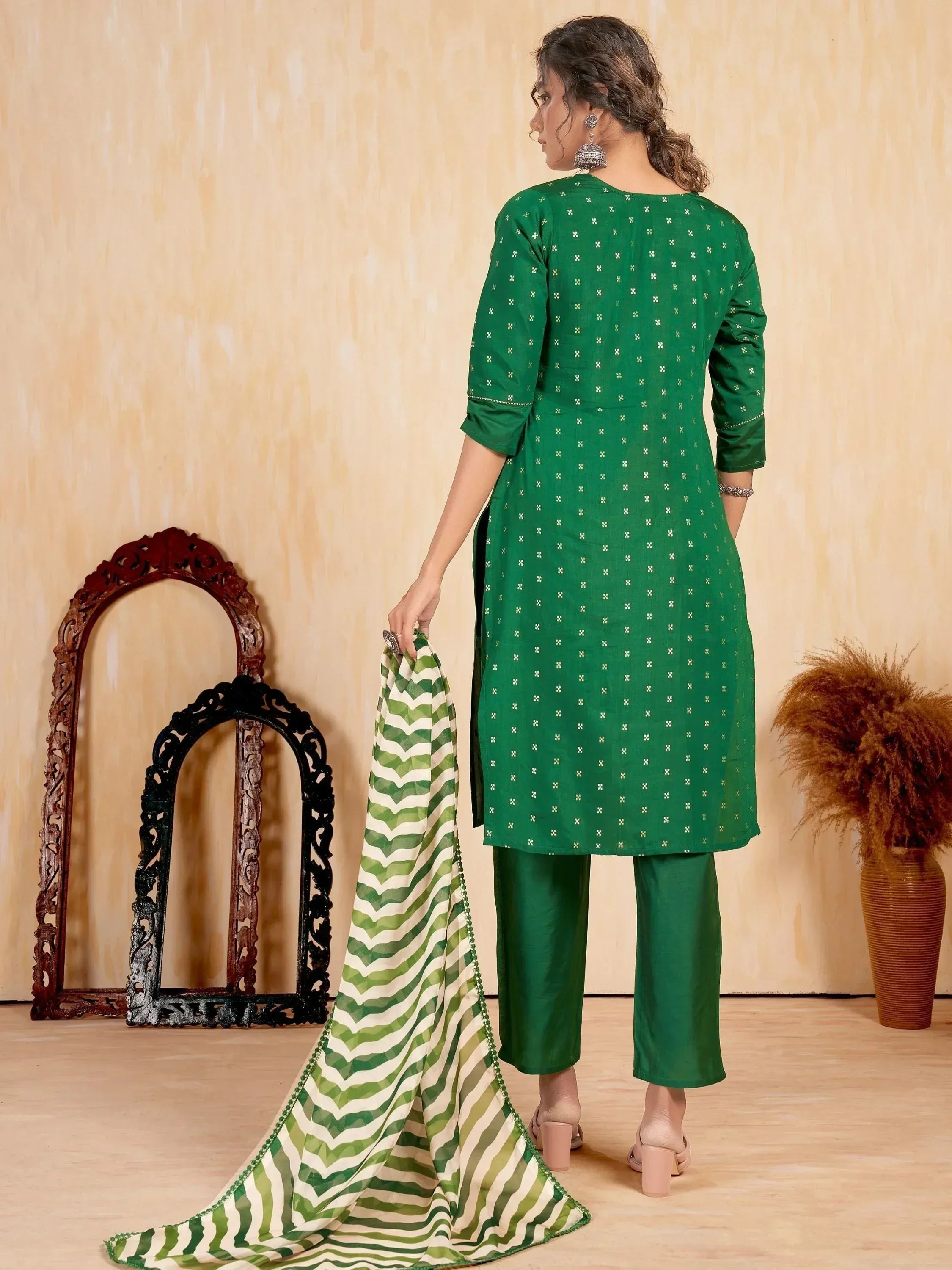 Green embroidered kurta with matching palazzo and striped dupatta, Indian ethnic wear