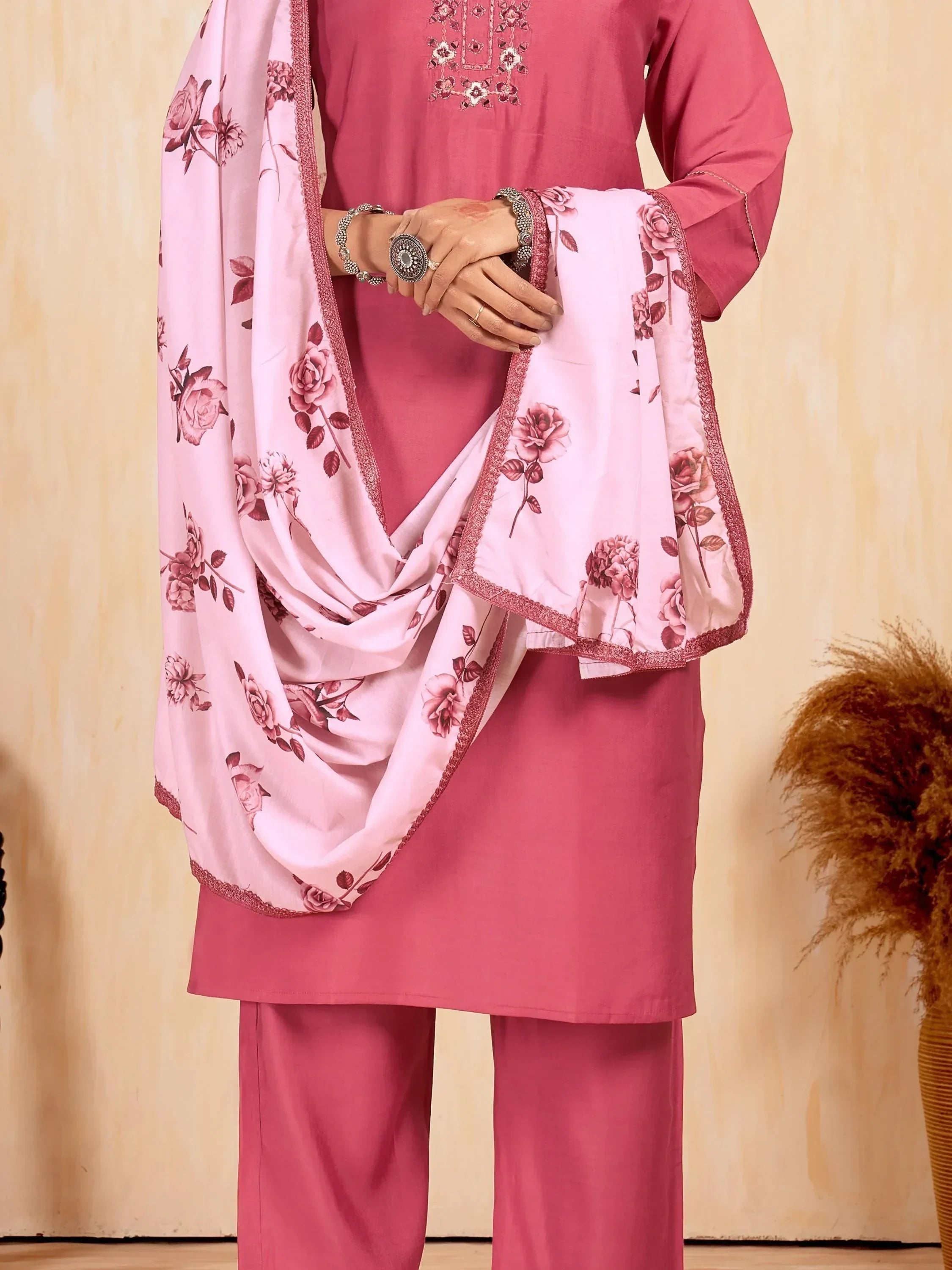 Pink embroidered salwar kameez set with floral print dupatta for women