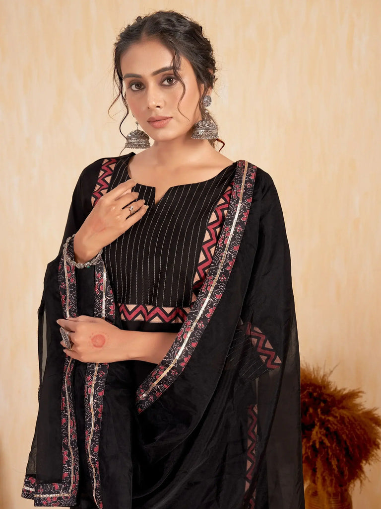 Awesome Black Embroidered Silk Traditional Pant Suit With Dupatta