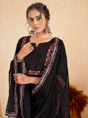 Awesome Black Embroidered Silk Traditional Pant Suit With Dupatta