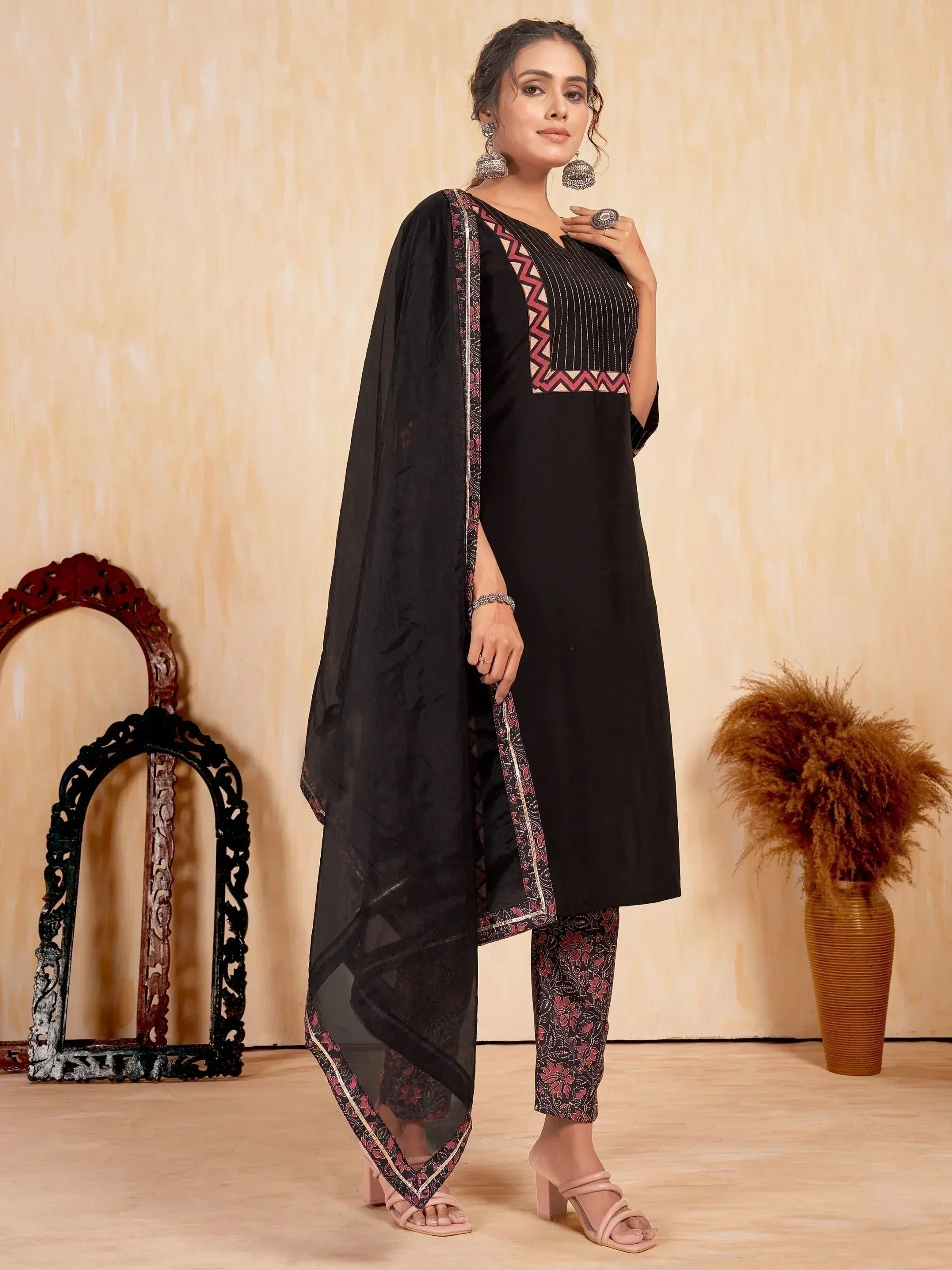 Black embroidered kurta with printed palazzo and dupatta, Indian ethnic wear for women