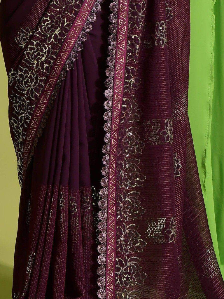 Incredible Wine Sequins Georgette Party Wear Saree With Blouse