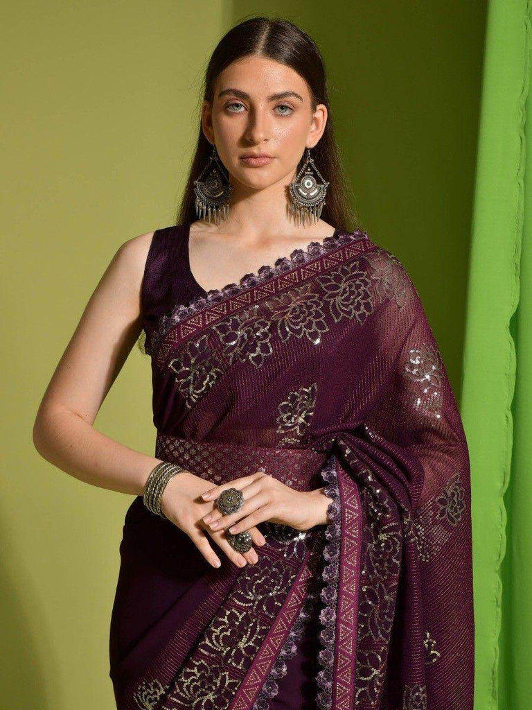 Incredible Wine Sequins Georgette Party Wear Saree With Blouse