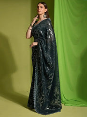 Stunning Dark Green Sequins Georgette Party Wear Saree With Blouse
