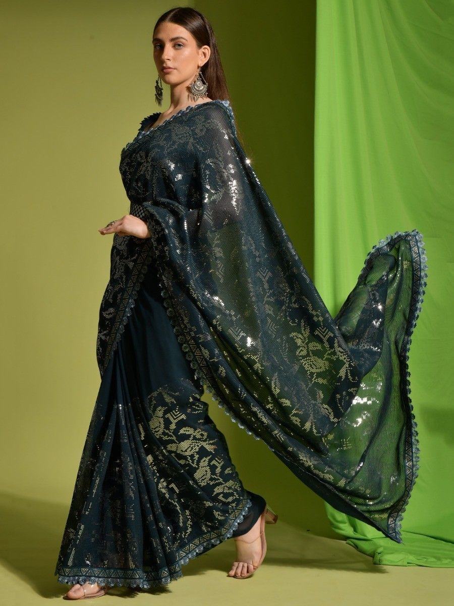Stunning Dark Green Sequins Georgette Party Wear Saree With Blouse