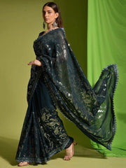 Stunning Dark Green Sequins Georgette Party Wear Saree With Blouse