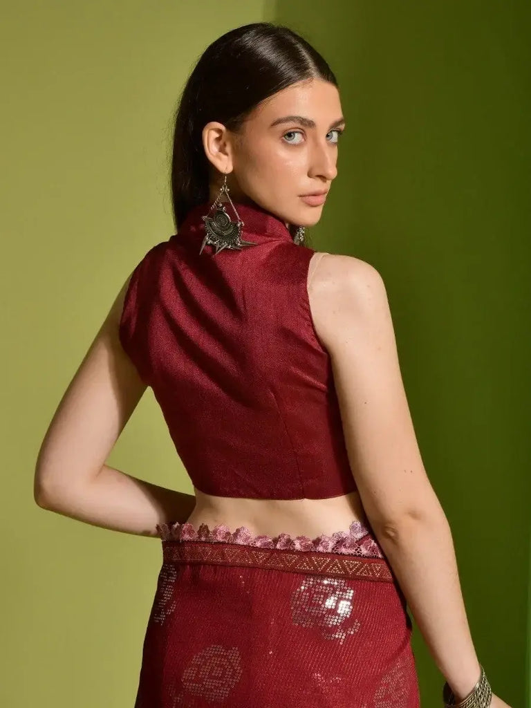 Beautiful Red Sequins Georgette Reception Wear Saree With Blouse