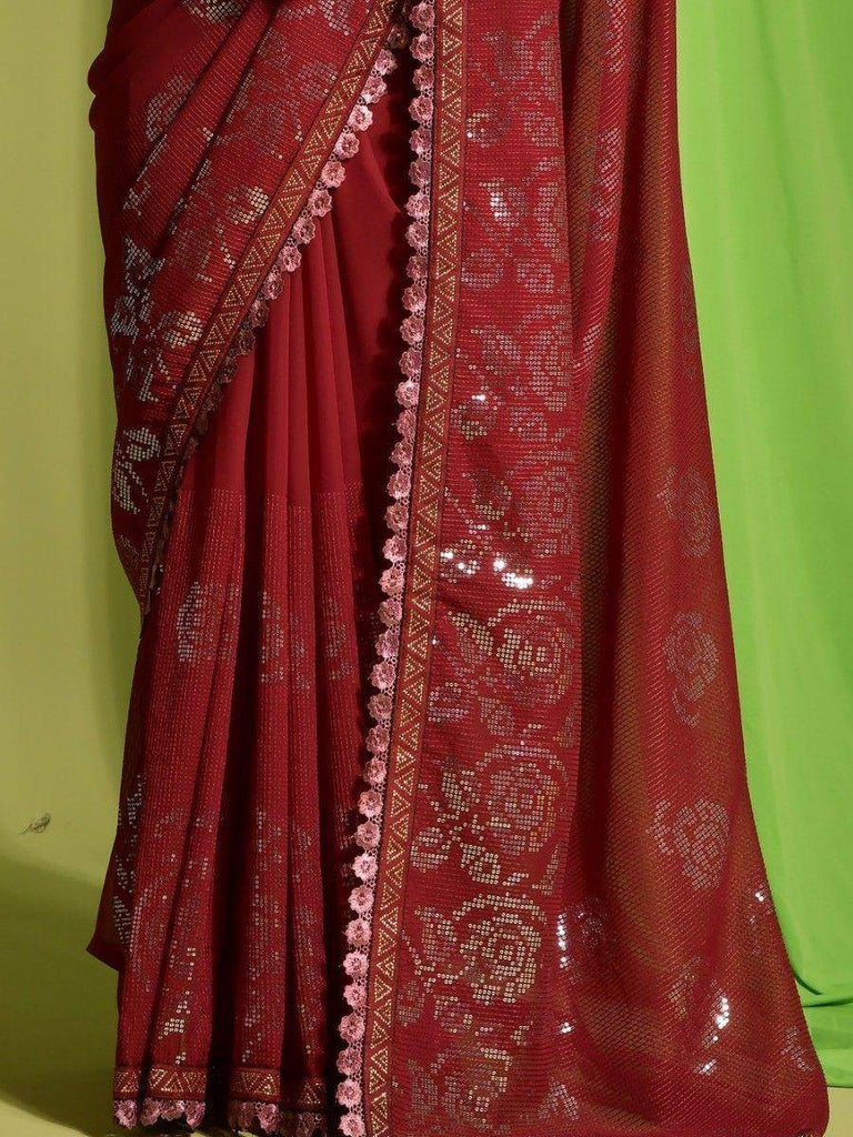 Beautiful Red Sequins Georgette Reception Wear Saree With Blouse
