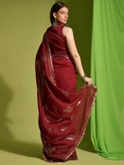 Beautiful Red Sequins Georgette Reception Wear Saree With Blouse