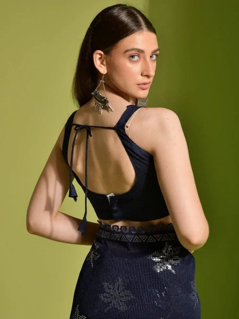 Awesome Navy Blue Sequins Georgette Reception Wear Saree With Blouse