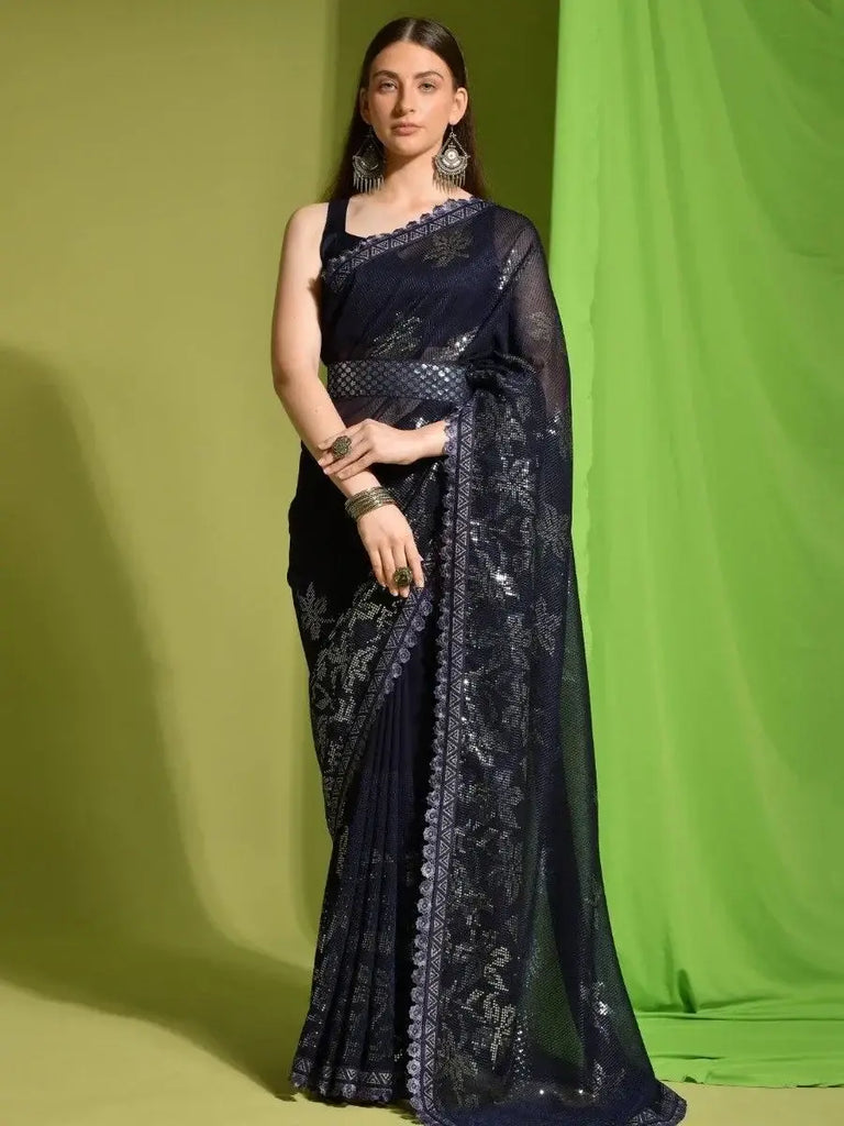 Awesome Navy Blue Sequins Georgette Reception Wear Saree With Blouse