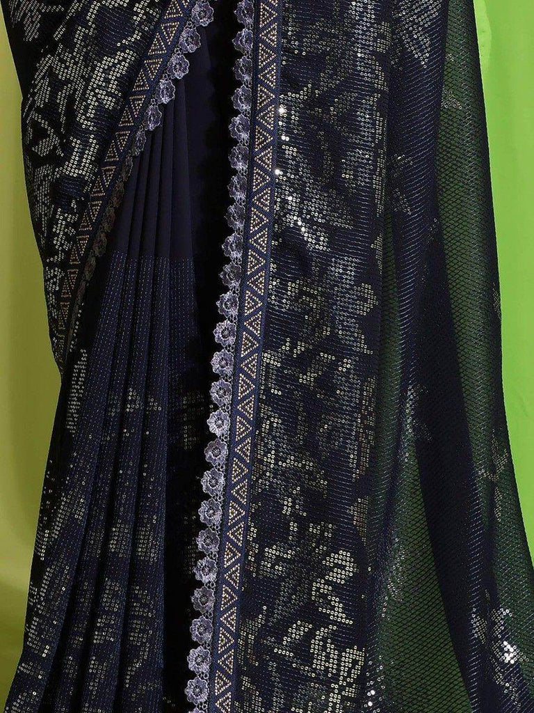 Awesome Navy Blue Sequins Georgette Reception Wear Saree With Blouse