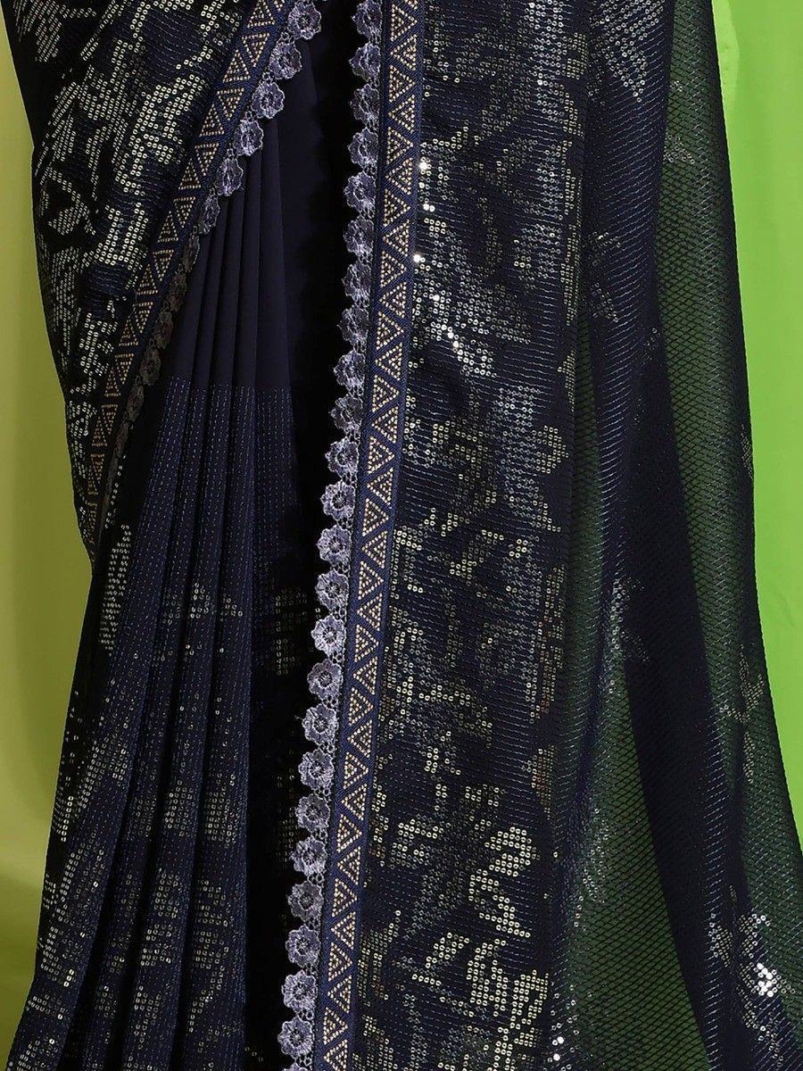 Awesome Navy Blue Sequins Georgette Reception Wear Saree With Blouse