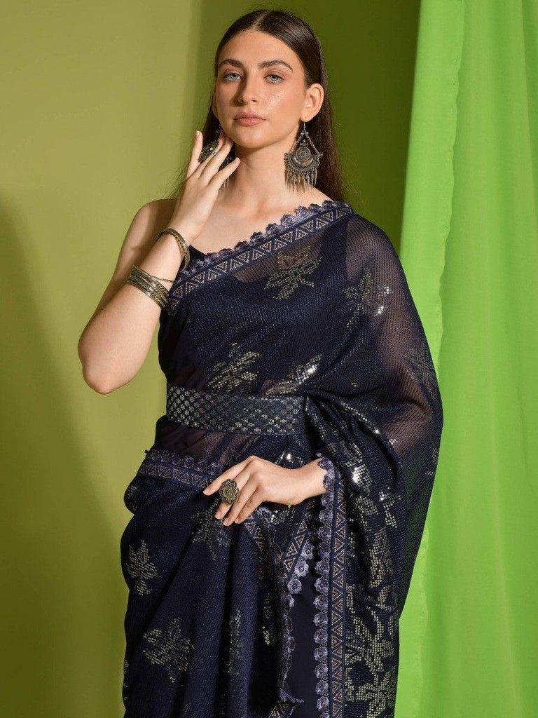 Awesome Navy Blue Sequins Georgette Reception Wear Saree With Blouse
