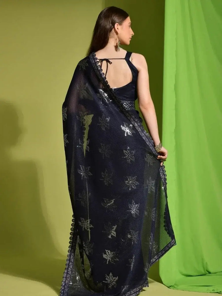 Awesome Navy Blue Sequins Georgette Reception Wear Saree With Blouse