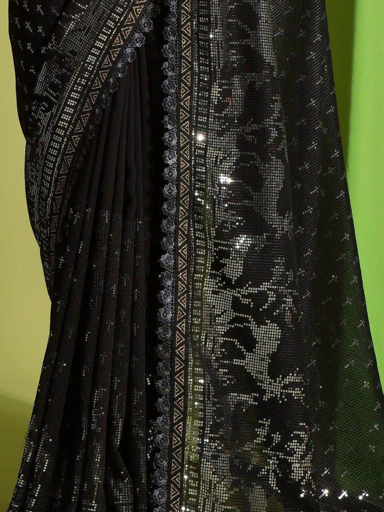 Excellent Black Sequins Georgette Designer Saree With Blouse