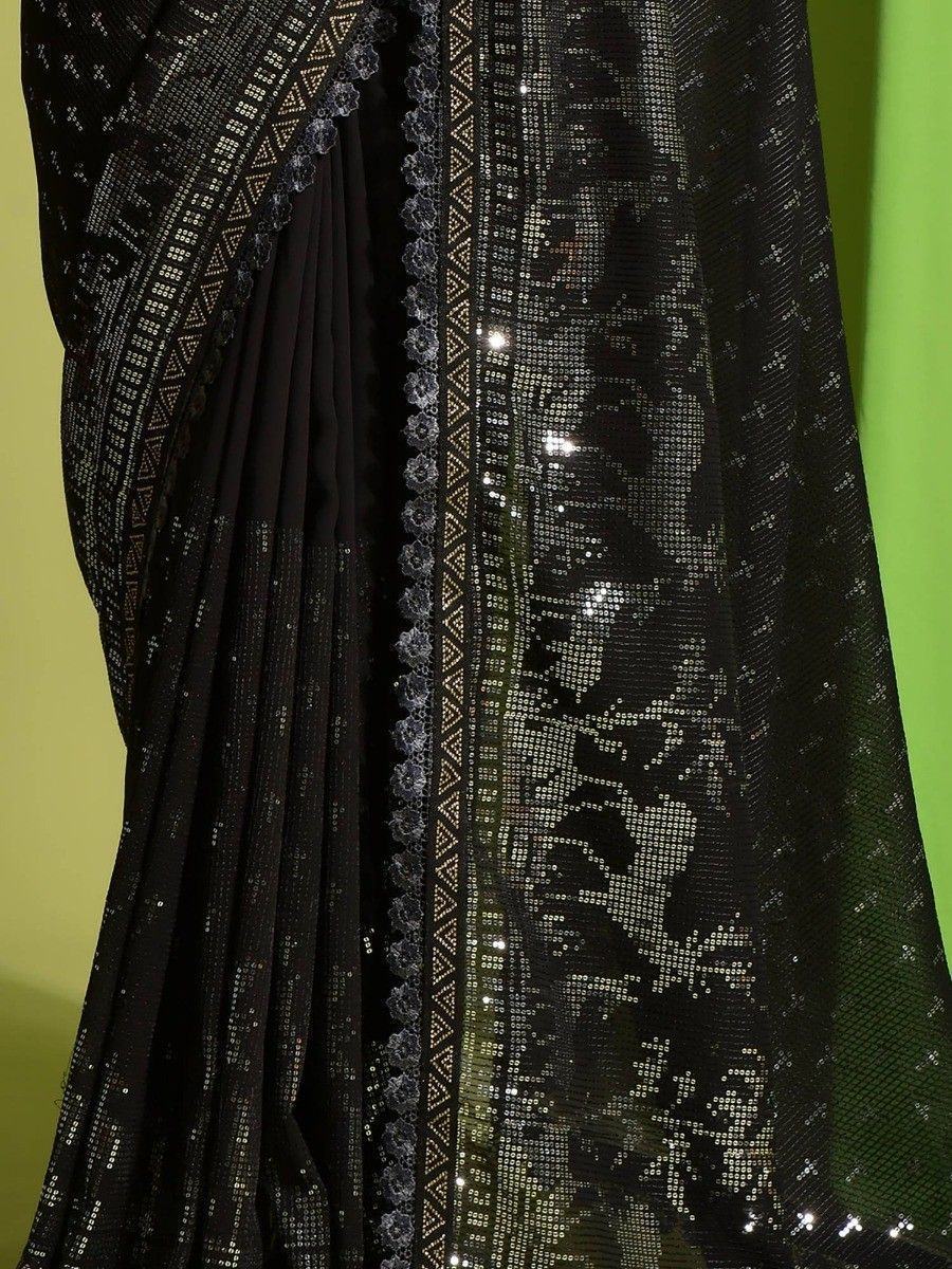 Excellent Black Sequins Georgette Designer Saree With Blouse