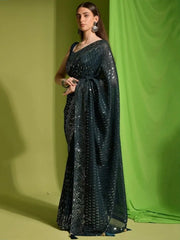 Fabulous Dark Green Sequins Georgette Designer Saree With Blouse