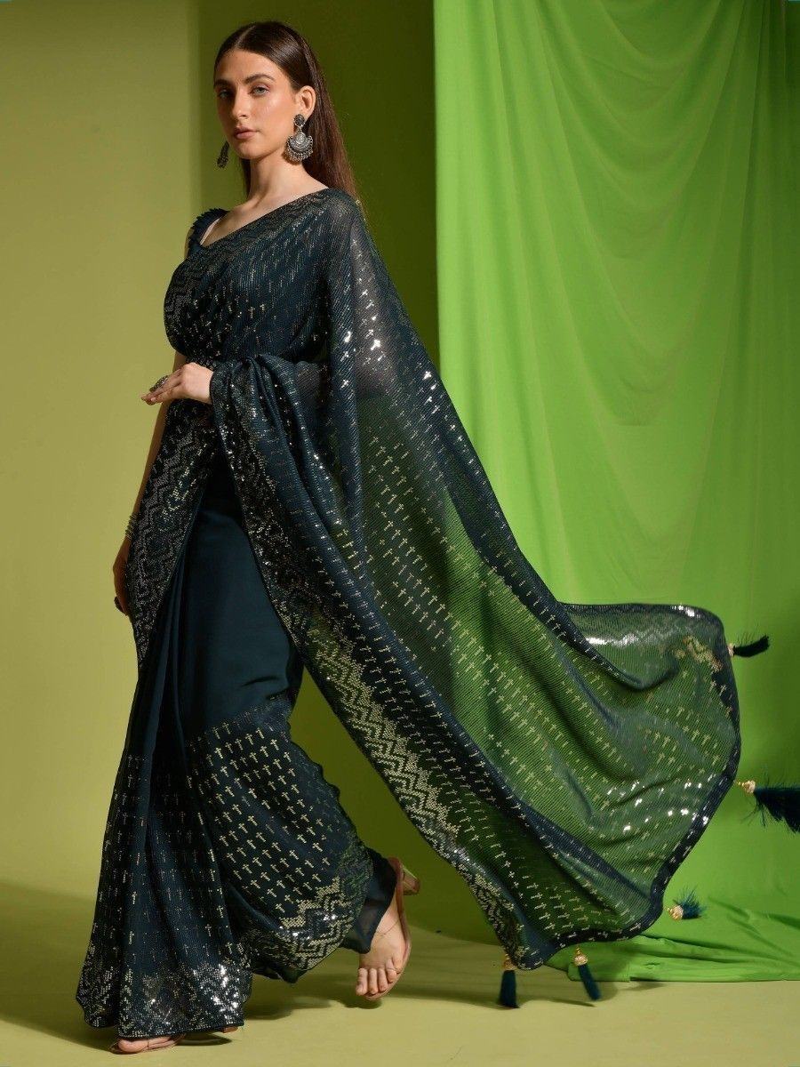 Fabulous Dark Green Sequins Georgette Designer Saree With Blouse