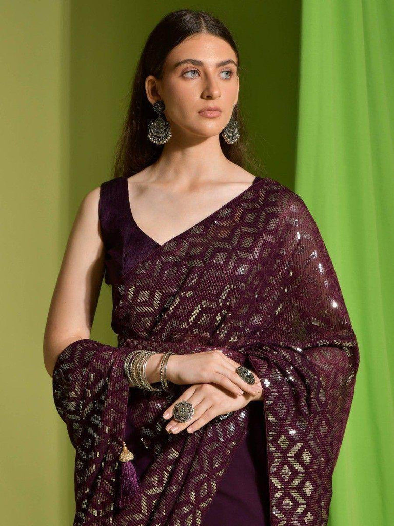 Amazing Maroon Sequins Georgette Party Wear Saree With Blouse