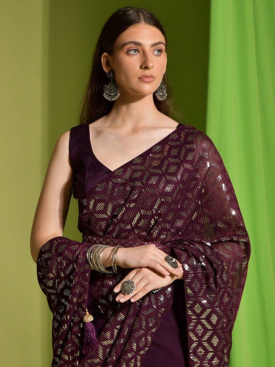 Amazing Maroon Sequins Georgette Party Wear Saree With Blouse