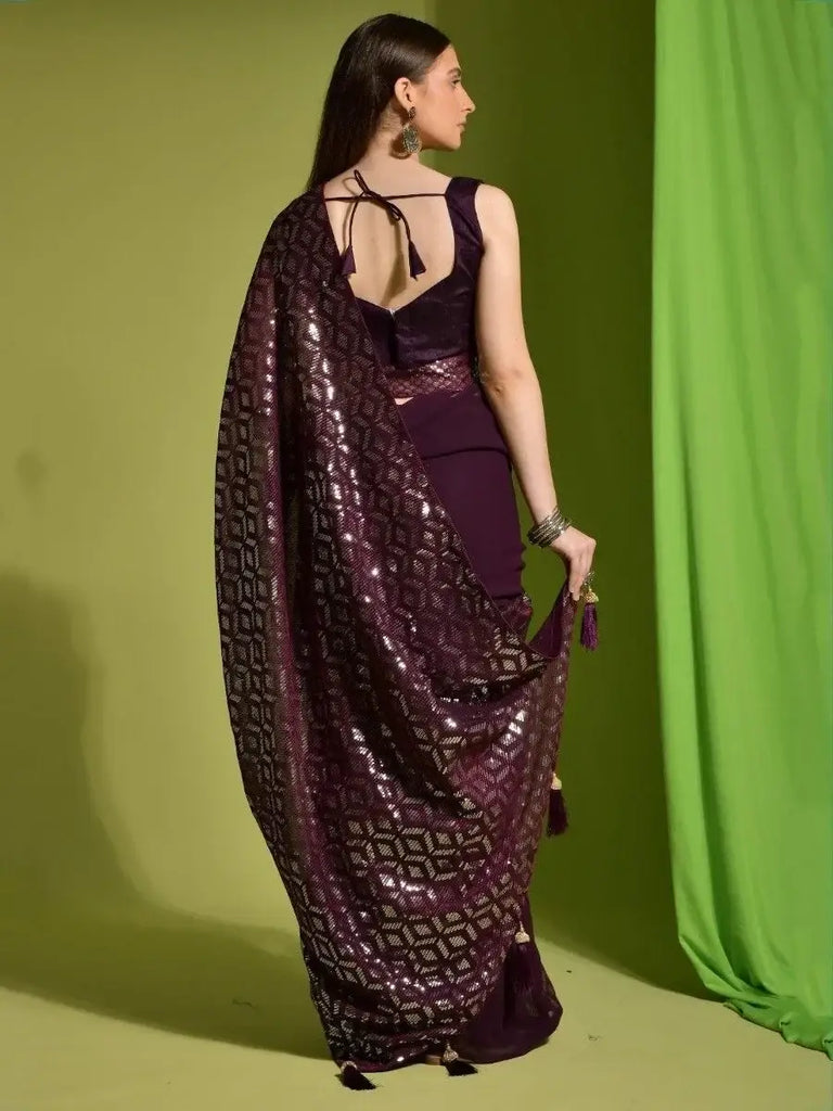 Amazing Maroon Sequins Georgette Party Wear Saree With Blouse
