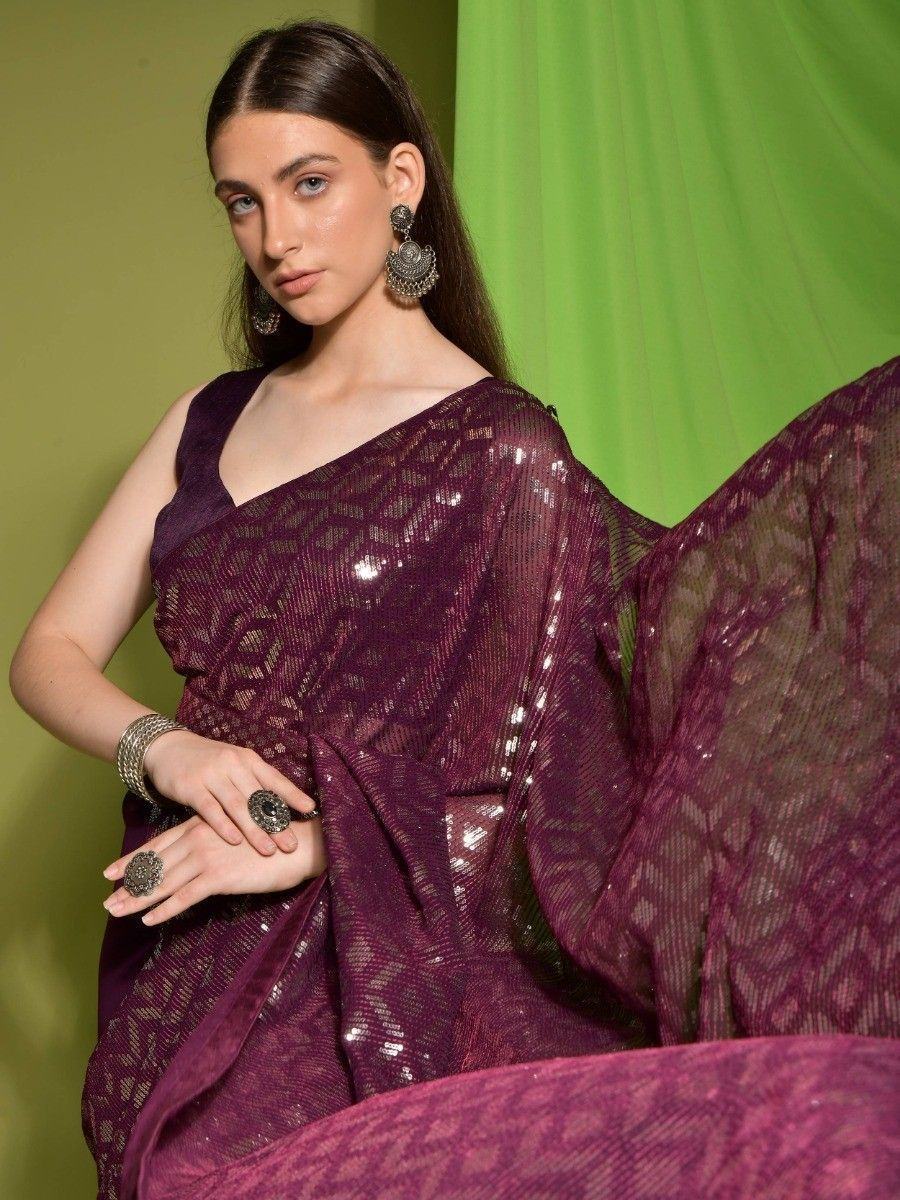 Amazing Maroon Sequins Georgette Party Wear Saree With Blouse