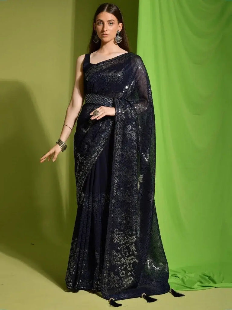 Marvelous Navy Blue Sequins Georgette Reception Wear Saree