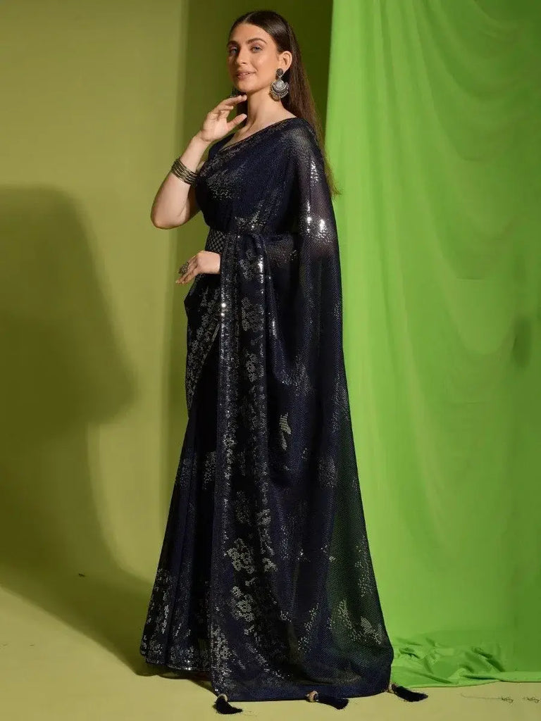 Marvelous Navy Blue Sequins Georgette Reception Wear Saree