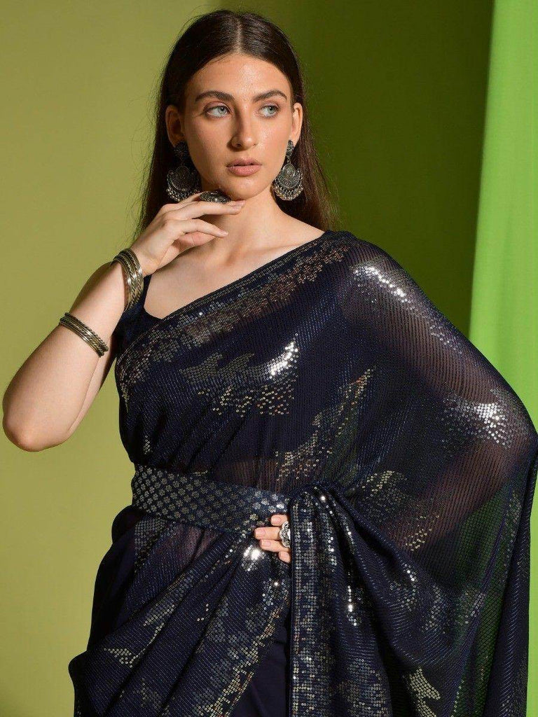 Marvelous Navy Blue Sequins Georgette Reception Wear Saree