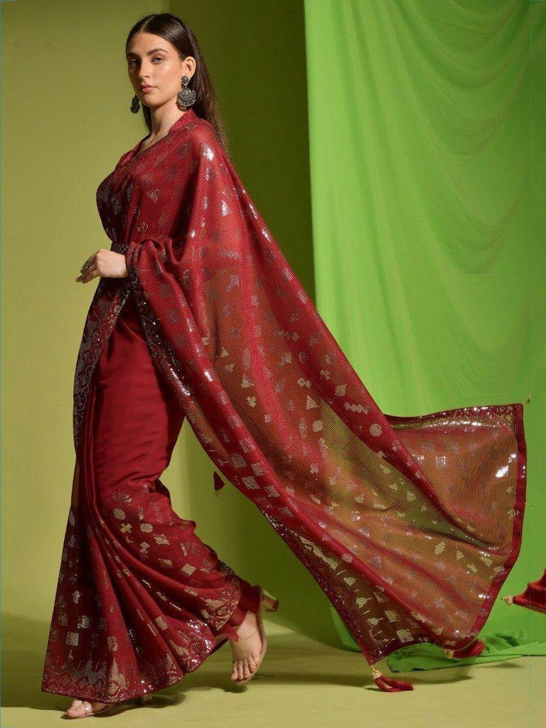 Wonderful Red Sequins Georgette Cocktail Party Wear Saree