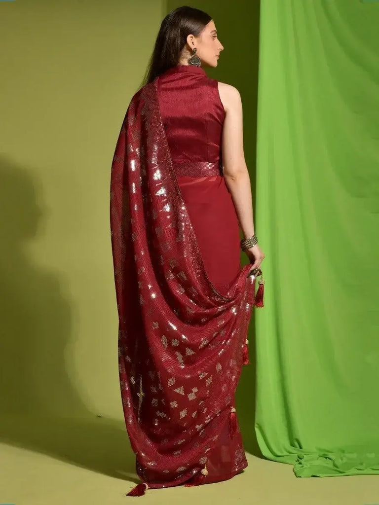 Wonderful Red Sequins Georgette Cocktail Party Wear Saree