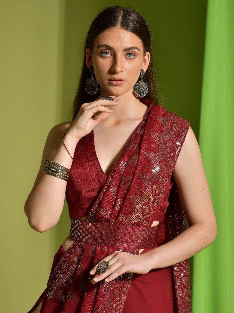 Wonderful Red Sequins Georgette Cocktail Party Wear Saree