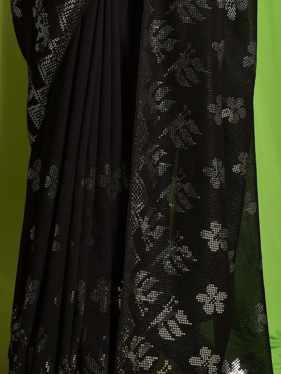 Excellent Black Sequins Georgette Reception Wear Saree With Blouse