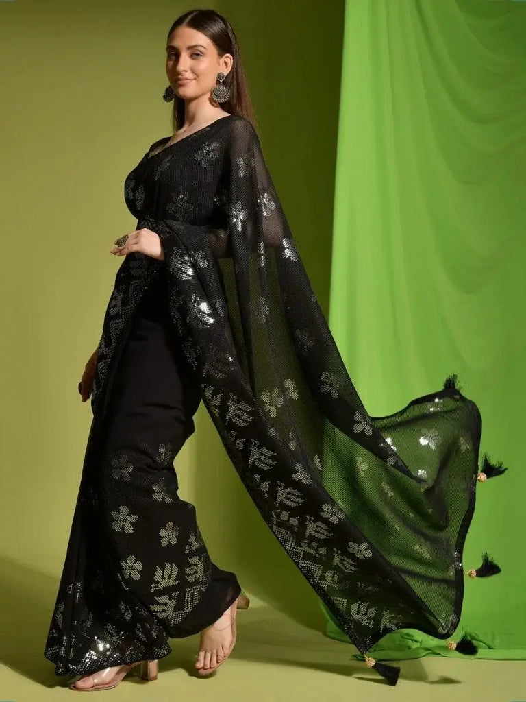 Excellent Black Sequins Georgette Reception Wear Saree With Blouse
