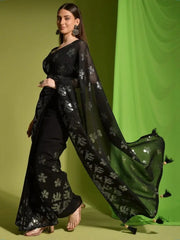 Excellent Black Sequins Georgette Reception Wear Saree With Blouse