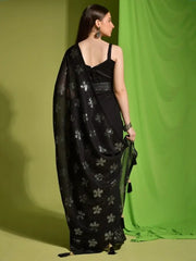 Excellent Black Sequins Georgette Reception Wear Saree With Blouse