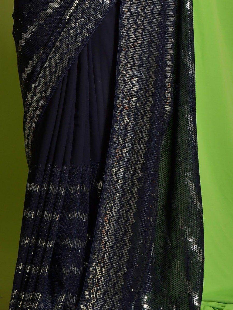 Outstanding Navy Blue Sequins Georgette Saree With Blouse