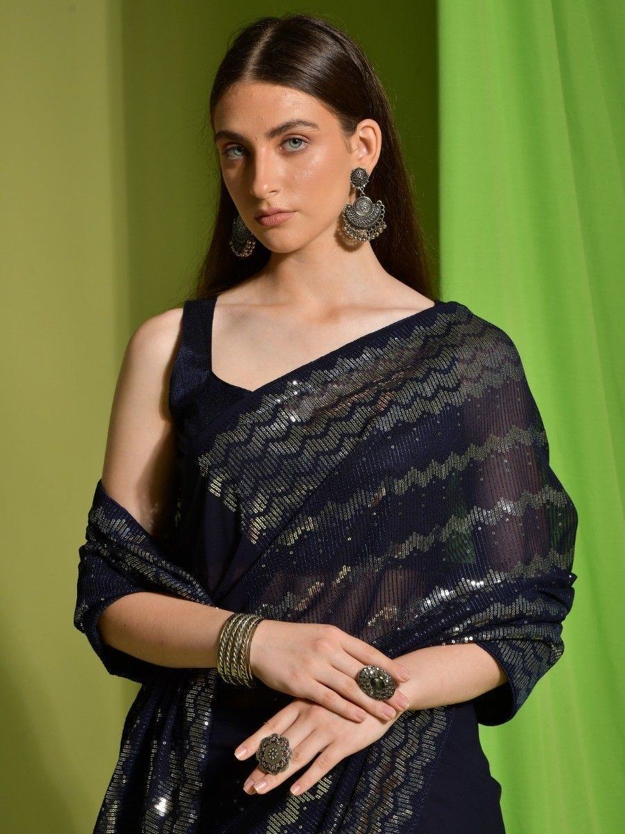 Outstanding Navy Blue Sequins Georgette Saree With Blouse