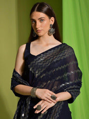 Outstanding Navy Blue Sequins Georgette Saree With Blouse